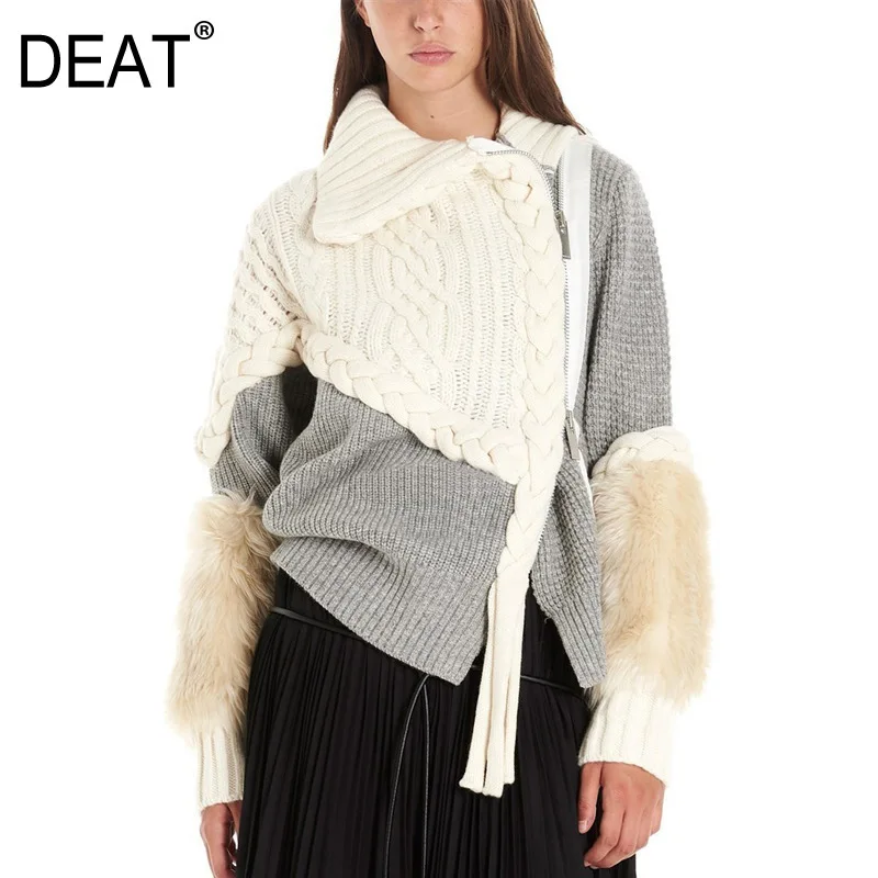 DEAT Gray Lapel Stitching Fur Long-sleeved Thick Wool Hit Color Woman Sweater Coat Casual Fashion Autumn Winter New TD065