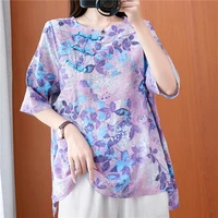 2021 lady retro chinese style hanfu tops traditional elegant women blouse fashion oriental clothing cotton linen print shirts