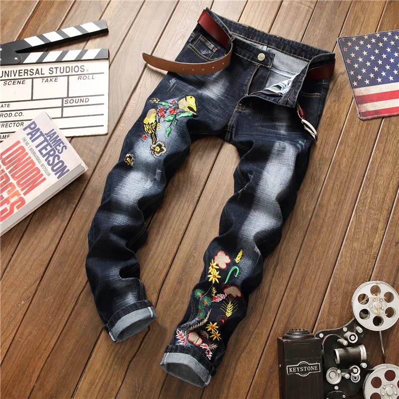 Джинсы мужские с вышивкой в стиле хип-хоп черные облегающие брюки из денима