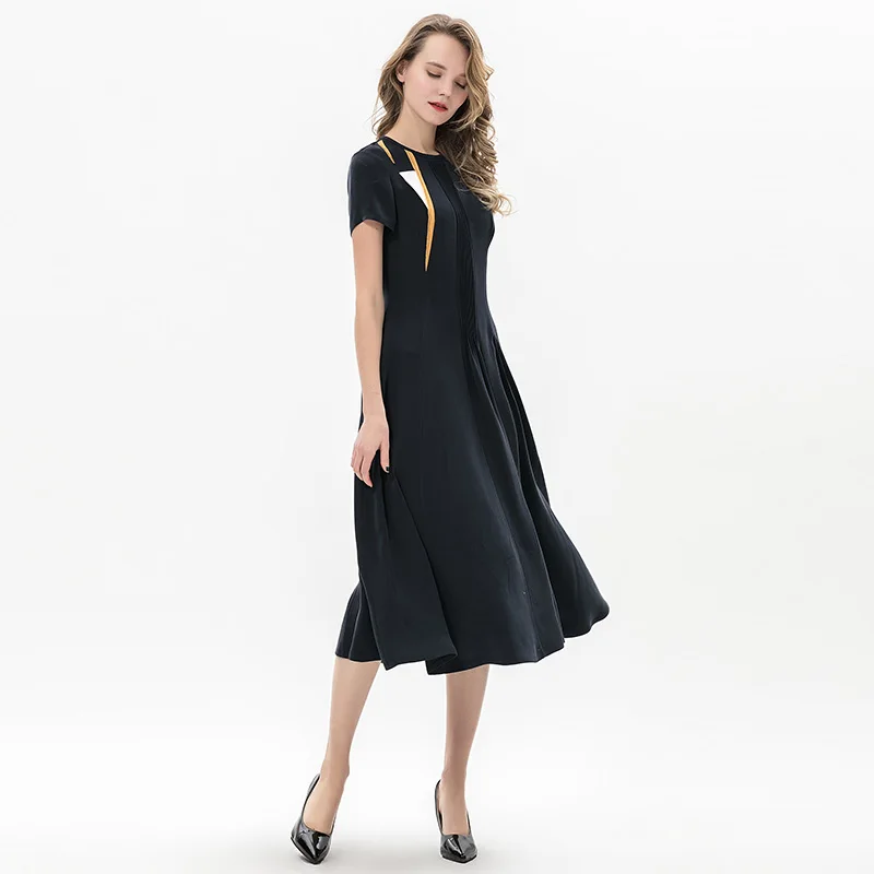 

VOA Navy Blue 30mm Heavy Silk Crewneck Tucker Pleat Stuck Stitching Large Pencil Short Sleeve Pendant Dress A10237