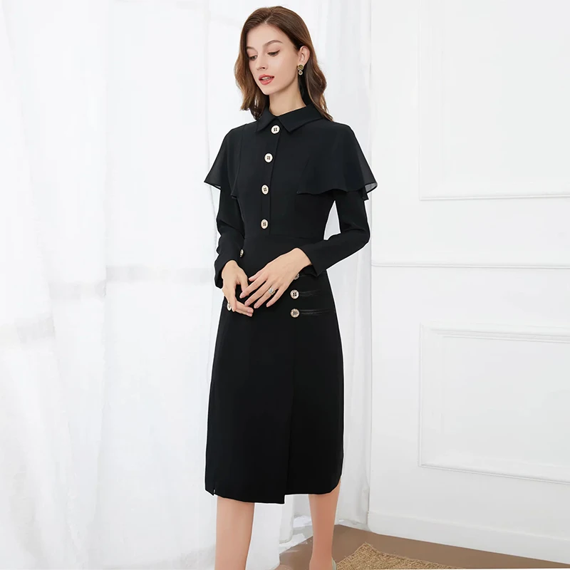 

MIUXIMAO 2021 New Autumn Women's Clothing Lapel Long Sleeve Soild Slim Waist Dress Fashion Elegant Office Style