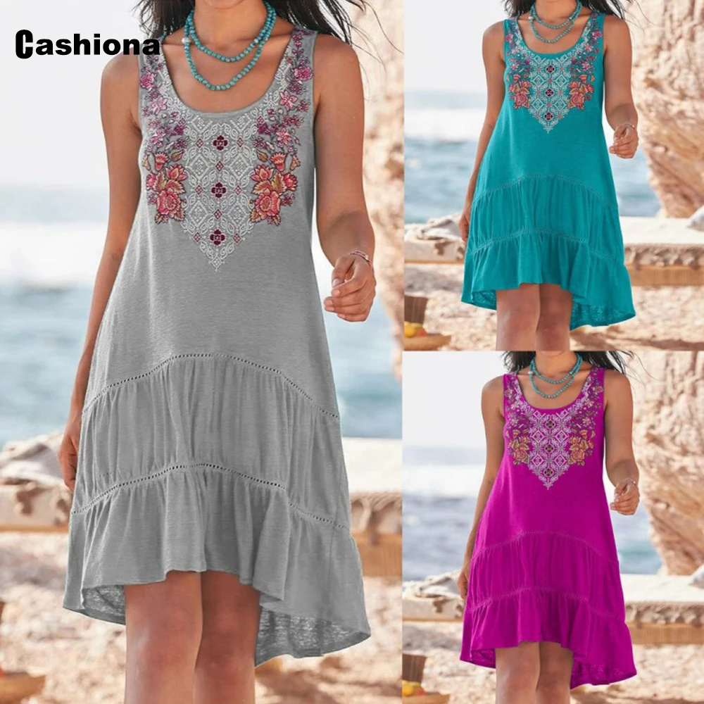 

2021 Summer Women Knee-Length Dress Vintage 3D Print Casual Beach Sleeveless Dresses Female Loose Dress Clothing Plus Size S-5XL