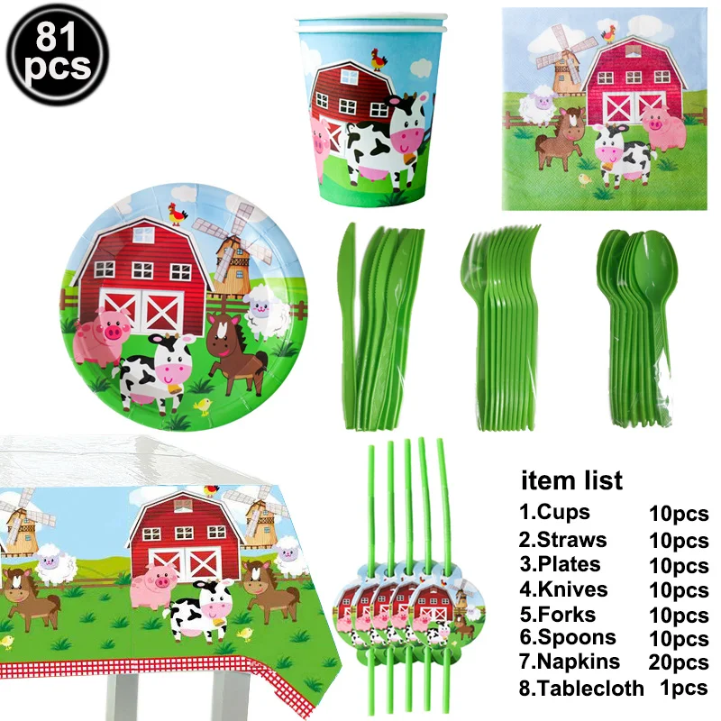 

81 pcs Farm Party Tableware Set Happy Birthday Cow Baby Shower Decorations Supplies Disposable Plates Cups Straws Napkins