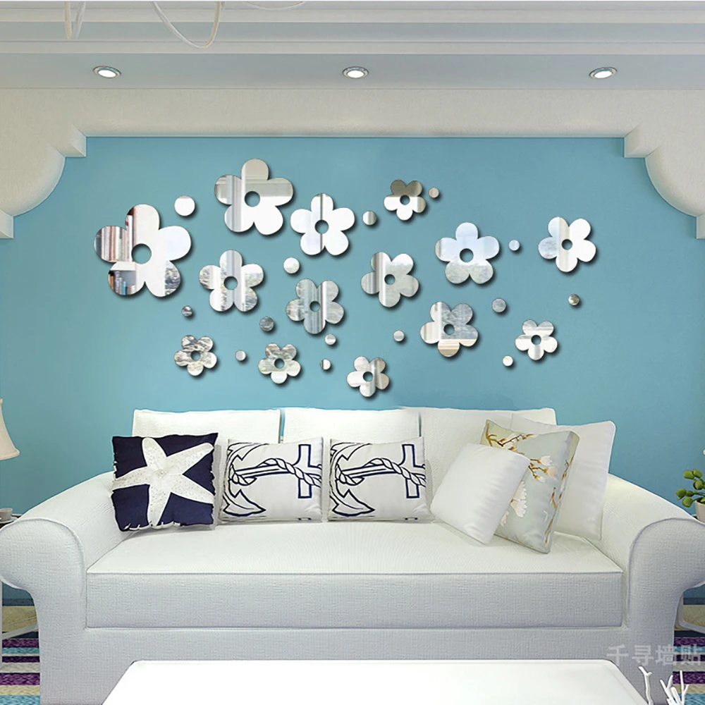 

14pcs/Set Flower Pattern Mirror Surface Sticker Kit Art DIY Background Wall Sticker Home Room Decoration Silver/Gold/Black