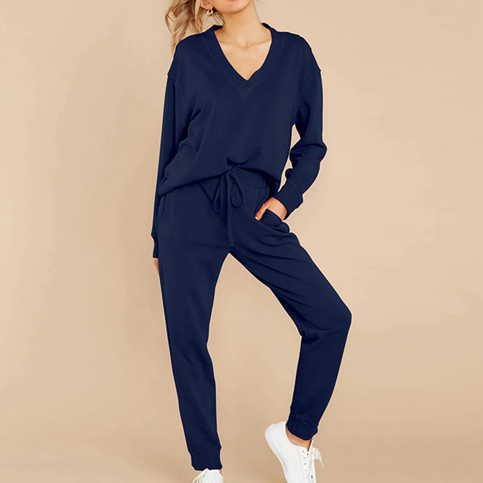 

Женский однотонный костюм с V-образным вырезом, свитер с длинным рукавом и брюки, уличная одежда, повседневный спортивный костюм, женский об...