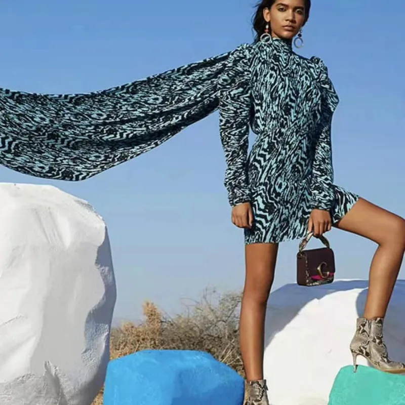 2020 весеннее женское мини платье с высокой талией и длинным рукавом|Женские