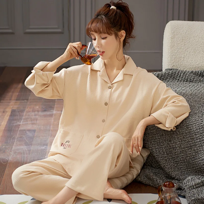 

Female Pajamas Suit Nightgown Cotton Sleepwear Pijamas Sexy 2PCS Shirt&Pants Nightwear With Lapel Summer Sleep Set Homewear
