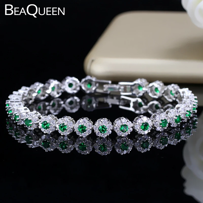 Женский браслет для тенниса BeaQueen из серебра 925 пробы с зеленым и белым фианитом
