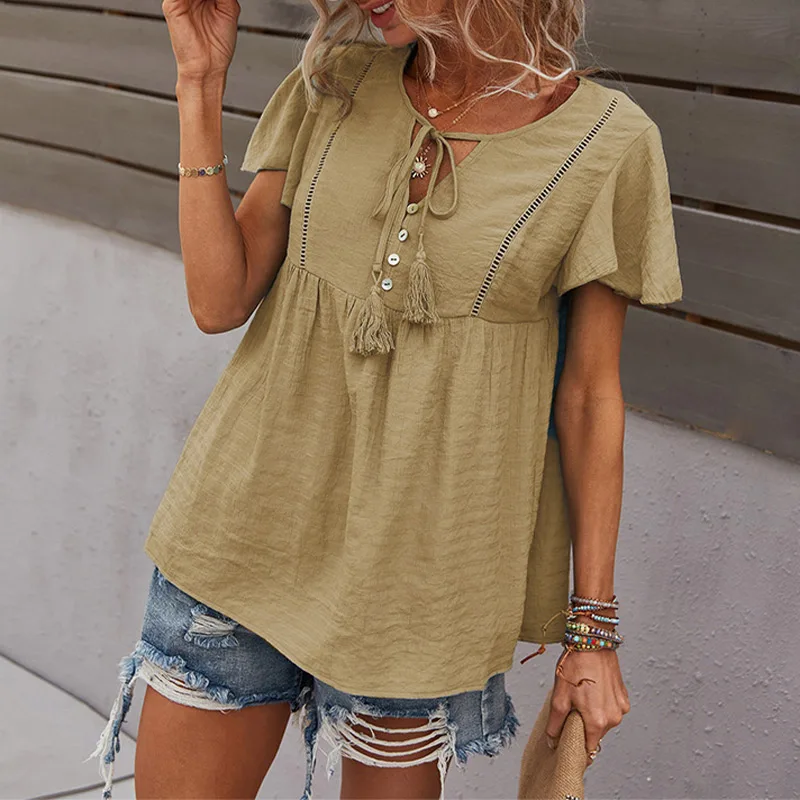 

Petal Short Sleeve Women Tunic Blouses Solid Loose Chest Lace Up Ladies Button Tops Summer Casual Holiday Beach Female Blouse