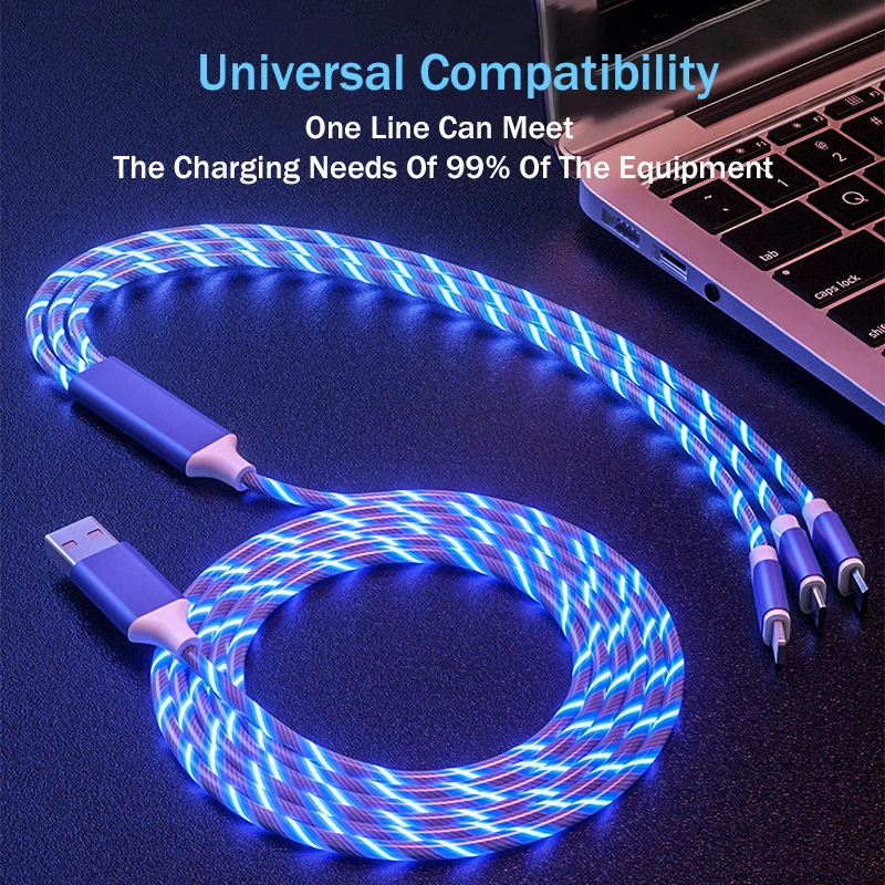 3 в 1 светящееся освещение потока кабель Быстрая зарядка Micro USB для iphone X 7 XR type C кабель зарядное устройство для samsung Android шнур для телефона