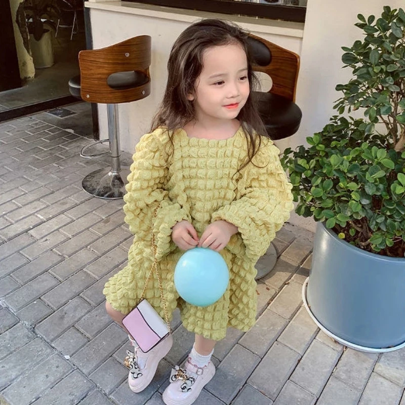 

Girls Long Sleeve Dress Autumn Winter Solid Color Princess Dresses Waffle Soft Fashion Loose Kids Children's Clothing