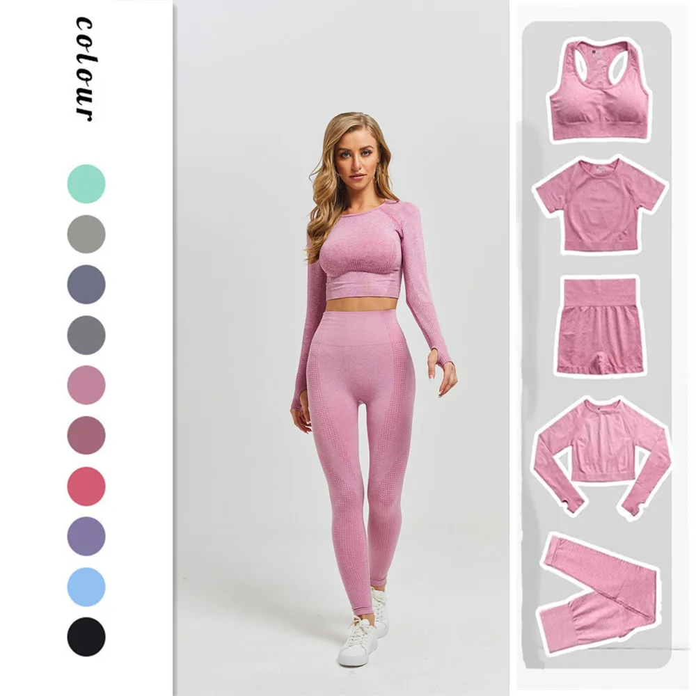 

Women Sport Suit Yoga Set Gym Workout Clothes Long Sleeve Fitness Crop Top + High Waist Energy Seamless Leggings