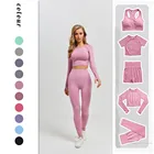 Женский спортивный костюм, комплект для йоги, одежда для тренировок в тренажерном зале, короткий топ с длинным рукавом для фитнеса + Энергетические бесшовные леггинсы с высокой талией