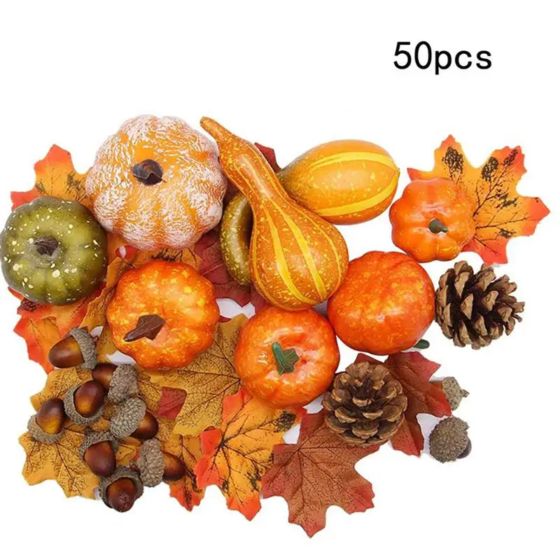 

50pcs Halloween Decor Props Artificial Mini Pumpkin Berries Maple Leaf Craft for Halloween Party DIY Decoration