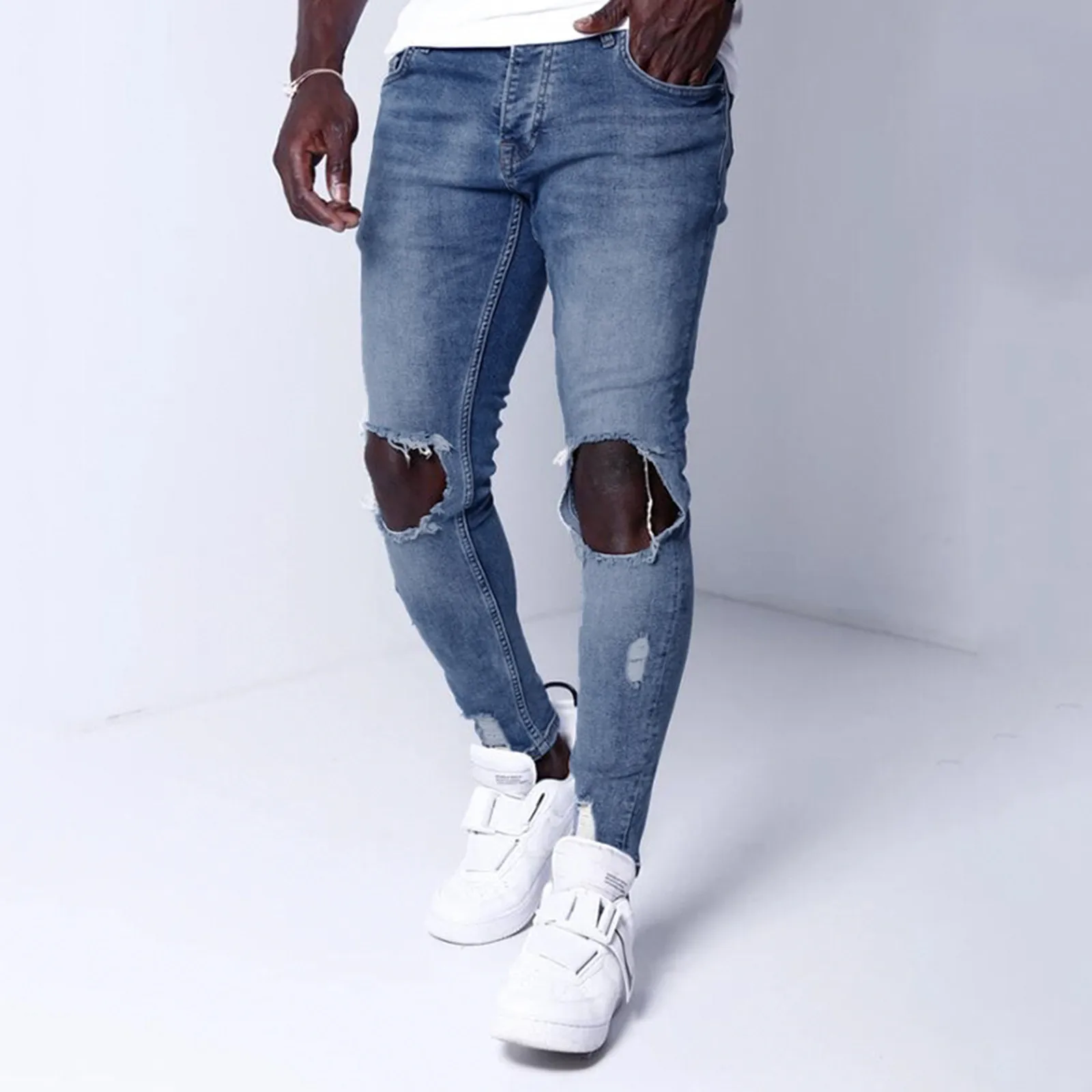 

Mens Summer Casual Jeans Bodybuilding Pocket Denim Hole Sports Full Length Pants men clothing vaqueros de hombre pantalon homme