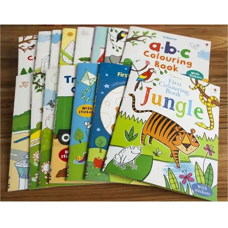 21.5*27cm Children Cartoon Coloring Books with Stickers Paint Learning Notebook Animals Getting Dressed Trucks Diggers Preschool | Игрушки и