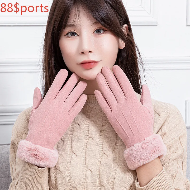 

New Winter Warm Gloves Women Hair Mouth Suede Gloves Outdoor Riding Gloves Plus Velvet Warm and Windproof Touch Screen Gloves