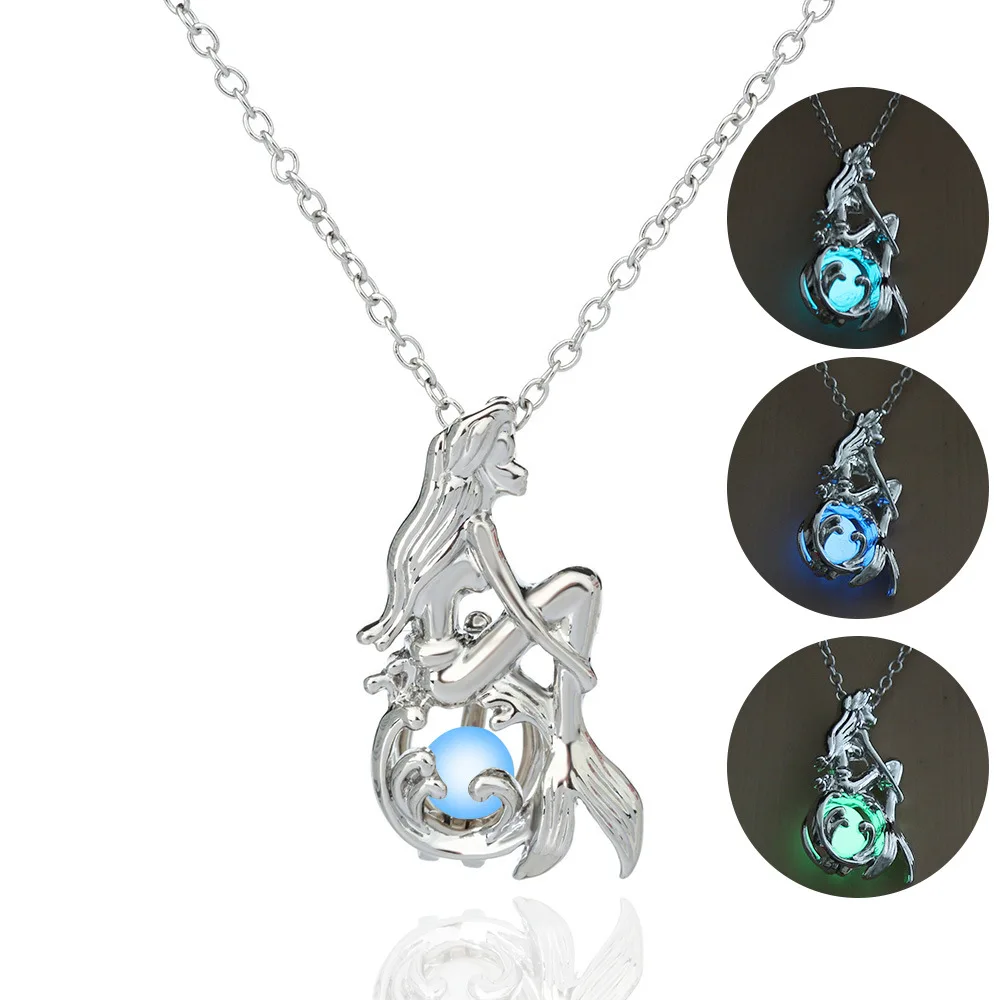 

Fashion Mermaid Luminous Pendant Necklaces For Women Bead Glow In The Dark Silver Plated Fashion Necklace Christmas Gift