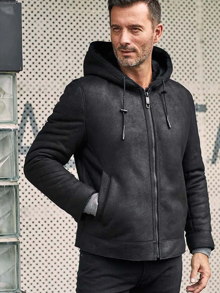 Куртка мужская короткая из овечьей шерсти черная повседневная зимняя