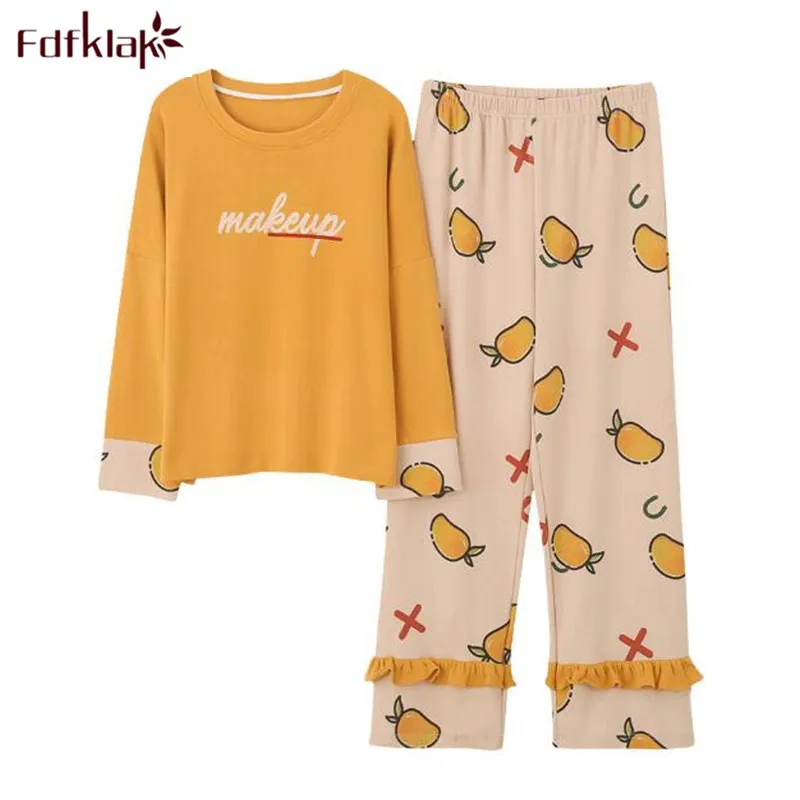 

Fdfklak корейский студенческий пижамный комплект, весна-осень, Хлопковая пижама, Женская милая мультяшная повседневная домашняя одежда в стил...