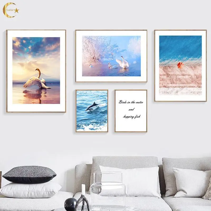 

Snow Mountain White Swan Swordfish Canvas Painting Nordic Wall Art Posters and Prints Pictures for Living Room Home Decor