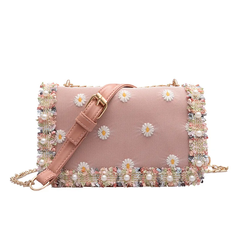 

Ladies Flower Embroidery Shoulder Bag Chain Shoulder Strap Faux Pearl Messenger Bag Sweet Style Square Crossbody Bag