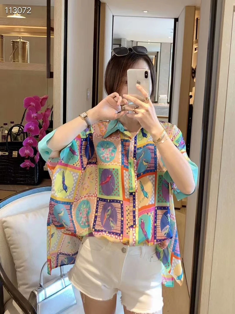 

100% Silk Shirt Women Wide Shirt Lady Fashion Women Day Time Print Casual Shirt