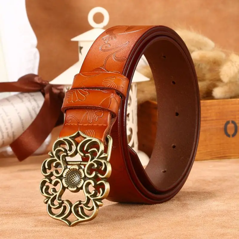 Brand Women Belt Designer Genuine Leather Vintage Carved Flower Strap Girls Ladies' Belts For Jeans Smooth Buckle Accessories - Цвет: Product color