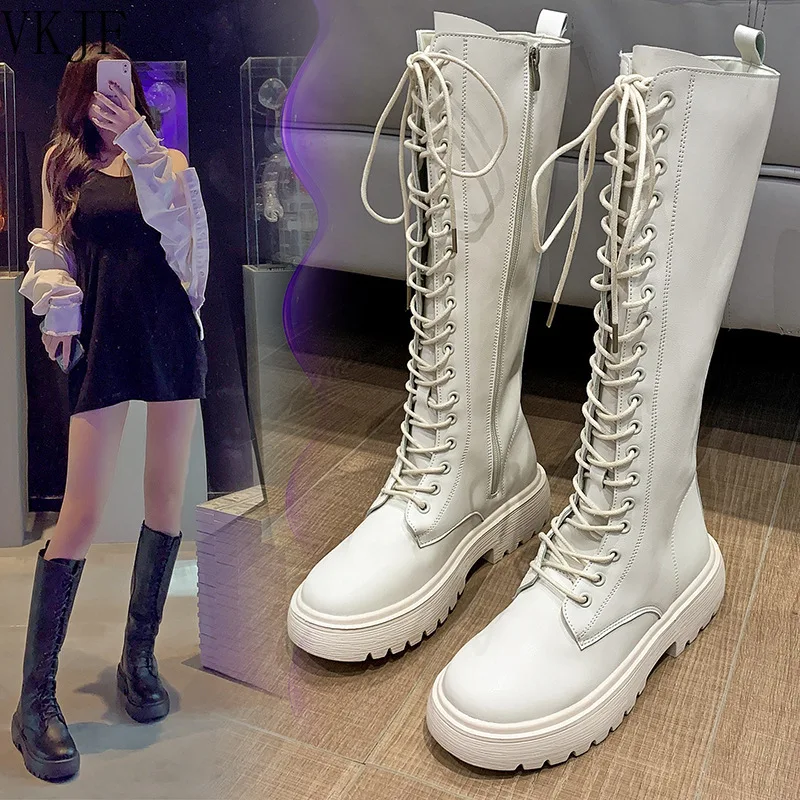 

2021 Autumn New Platform Knee-high Womens Ankle Boots Patent Leather Stretch Lace-up Round Head Zipper Womens Casual Boots