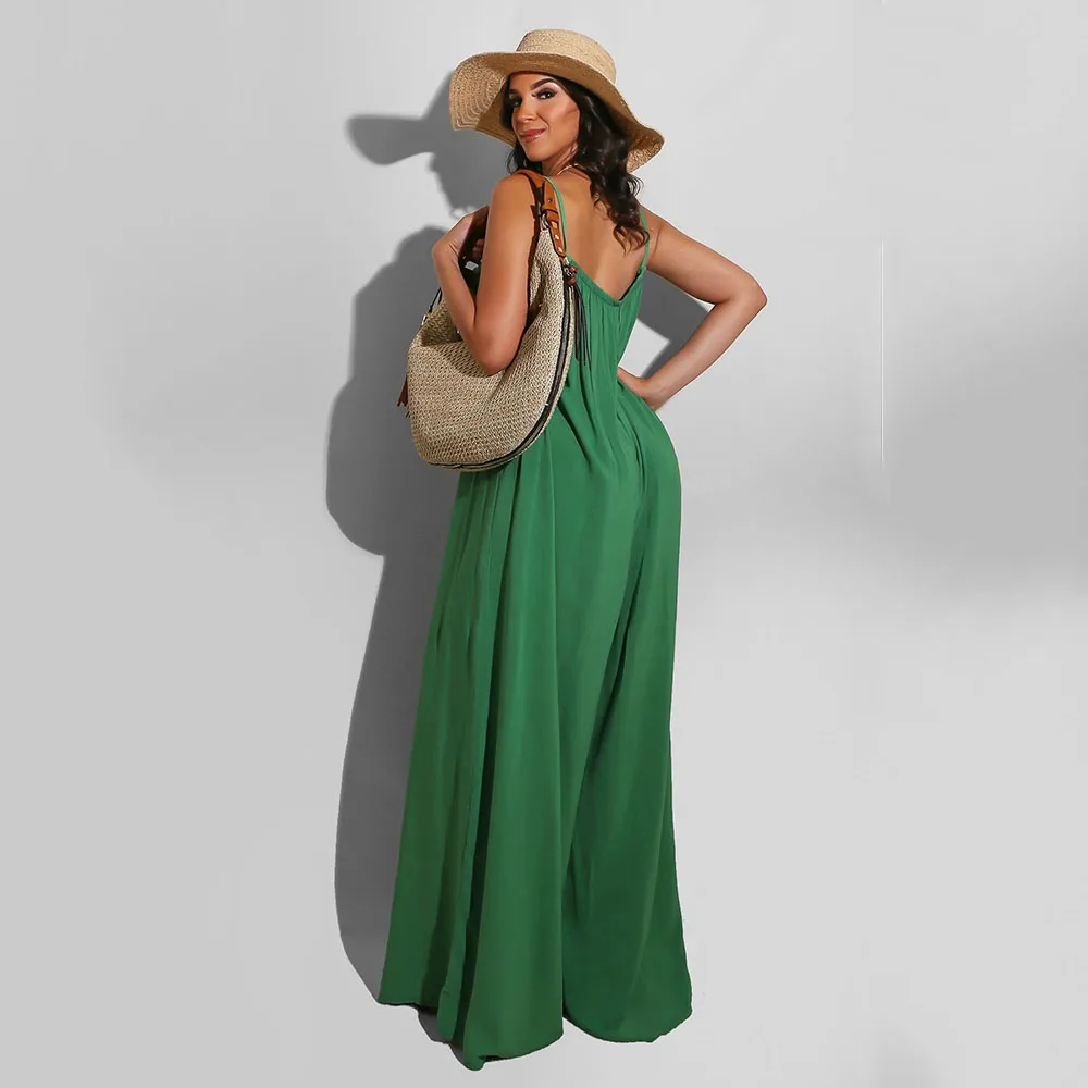 Сексуальный женский комбинезон с открытой спиной и подтяжками на лето, свободный повседневный широкий брючный костюм для женщин, элегантный зеленый комбинезон для леди 2021 года.