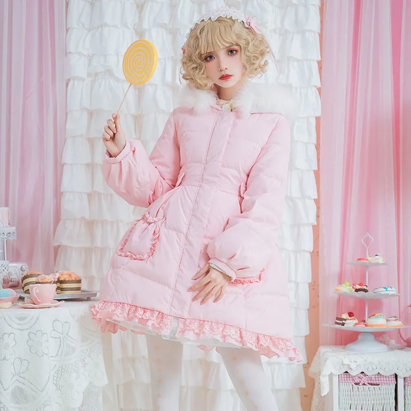 Japanese lolita down jacket sweet lace pockets fur collar gothic lolita outwear girl loli cos white duck down kawaii clothing