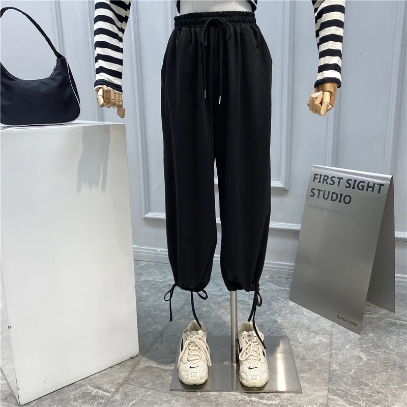 

2020 Spring Autumn Suit women fashion striped long-sleeved O-neck T-shirt top loose casual lace-up harem pants two-piece sets
