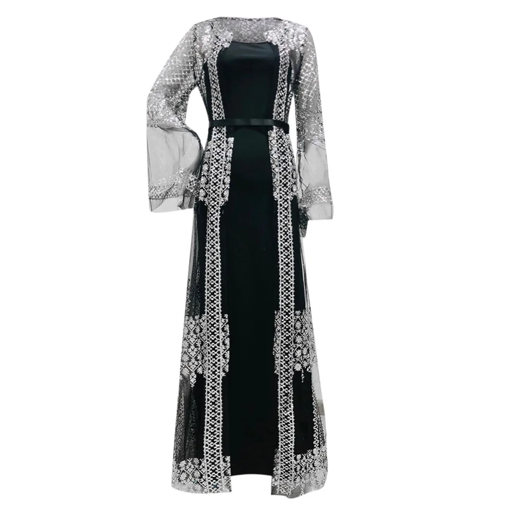 

Dubai Abayavestido de lujo para mujer, vestido Maxi negro de lujo con lentejuelas encaje bordado Kaftan islmico Kimono 2021