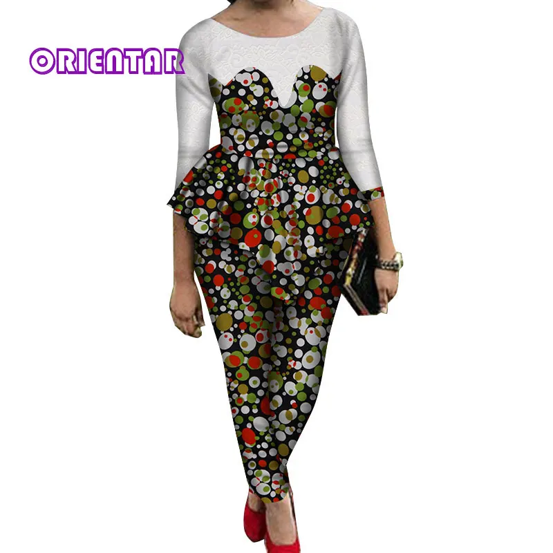 12 2 Pieces Sets Women African Pants Sets African Wax Print Long Sleeve Lace Tops and Pants Women Bazin Riche African Suits WY689 - Цвет: 12
