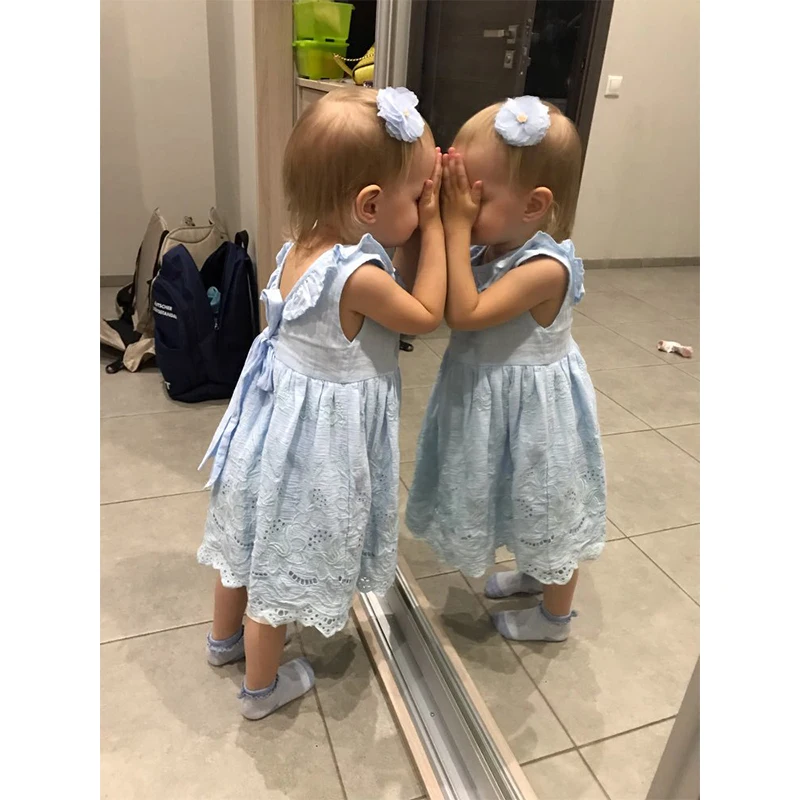 

Fashion Summer Toddler Girls Lace Sleeveless Dress Pure Cotton Backless Kids Girls Dress Blue O-Neck Child Dress