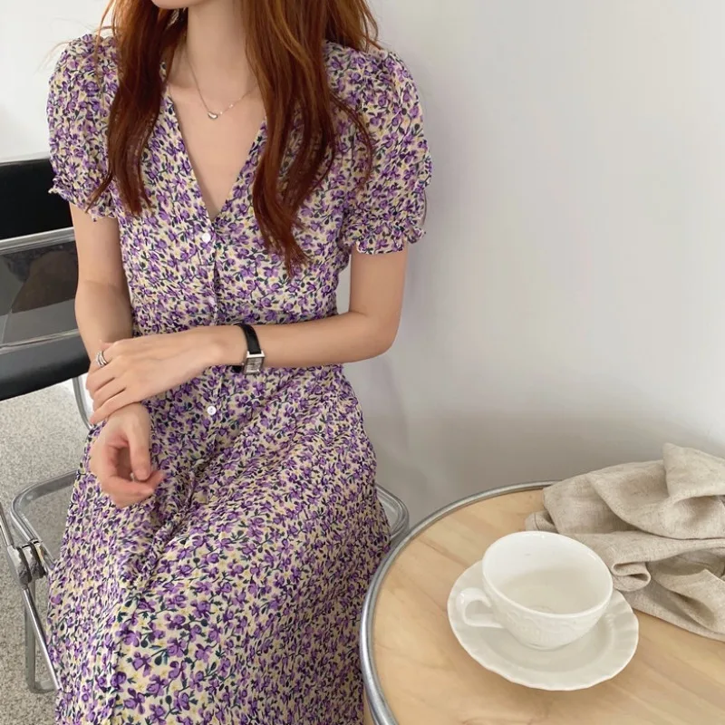 

Women's Summer French Style Dress Vintage Floral V-neck Single Breasted Lace-up Waist-Controlled Slimming Puff Sleeve