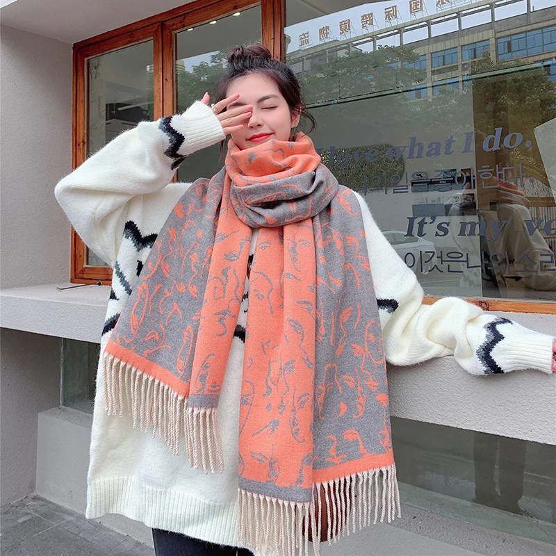 

Новинка 2021 корейский женский шарф из искусственного кашемира утолщенная теплая и холодная устойчивая внешняя шаль с рисунком лица модный ш...