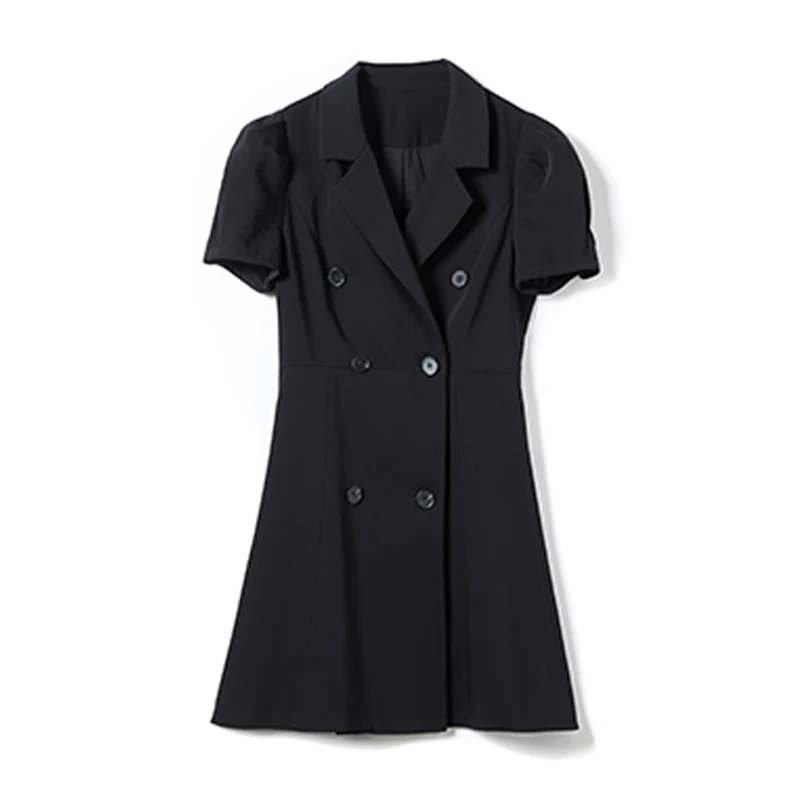 

PERHAPS U Women Short Sleeve Dress Empire Mini Dress Summer Double Breasted Notch Collar Black Gray D2018