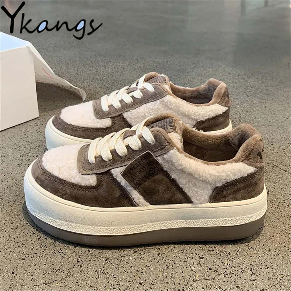 

Harajuku Woman Plush Platform Vulcanize Shoes Patchwork Ladies Flat Footwear Fashion Faux Lamb Wool Warm Female Running Sneakers