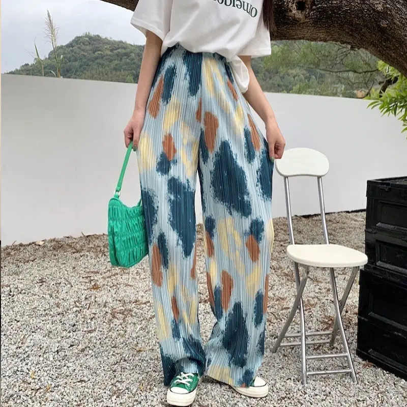 

Tie Dye Wide Leg Pants for Women High Waist Casual Straight Loose Long Pants Streetwear Elastic Waist Trousers 2021Spring Autumn