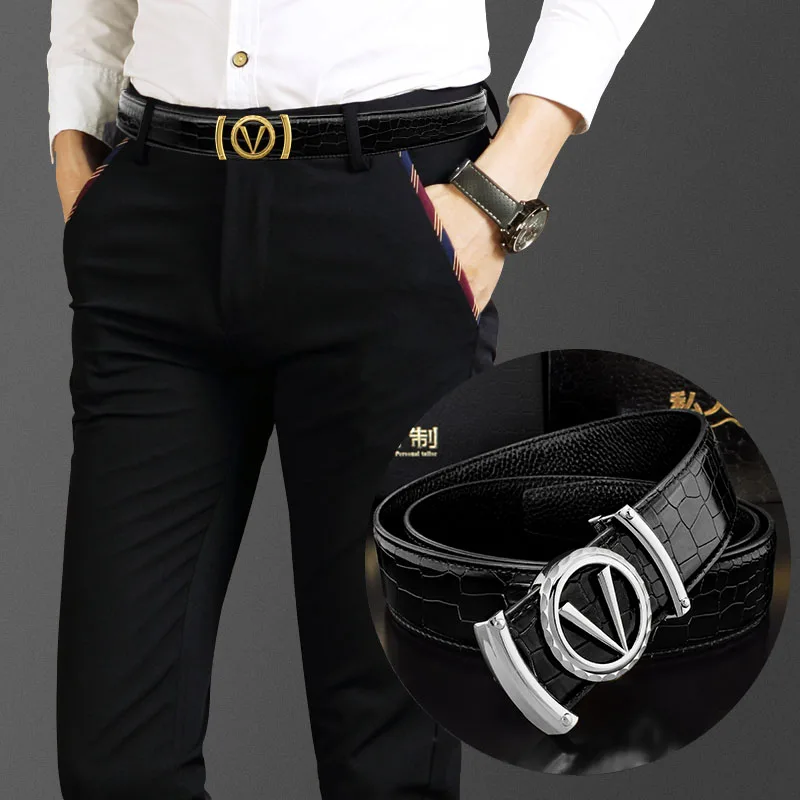 

High Quality Fashion Cowhide Belt Casual V Letter Black Leather Designer Belt Men's Smooth Button Ceinture Homme