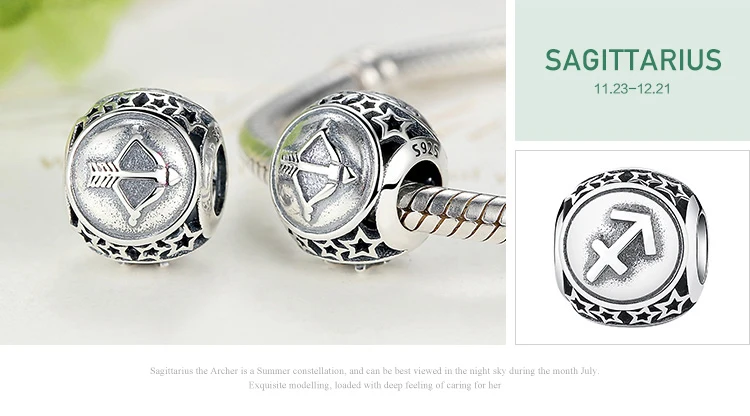 Sagittarius BISAER, винтажный 925 пробы, серебряный, Водолей, Знак Звезды, Зодиак, бусины, подходят для шармов, браслеты, сделай сам, 12 созвездий EDC048 - Цвет: Sagittarius