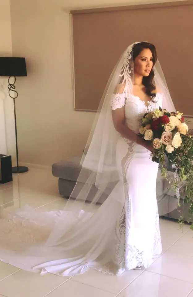 

Pearl Lace Top Chapel Wedding Dress Accessories Bride Veil With Comb 2M White Ivory Mariage Velos De Novia