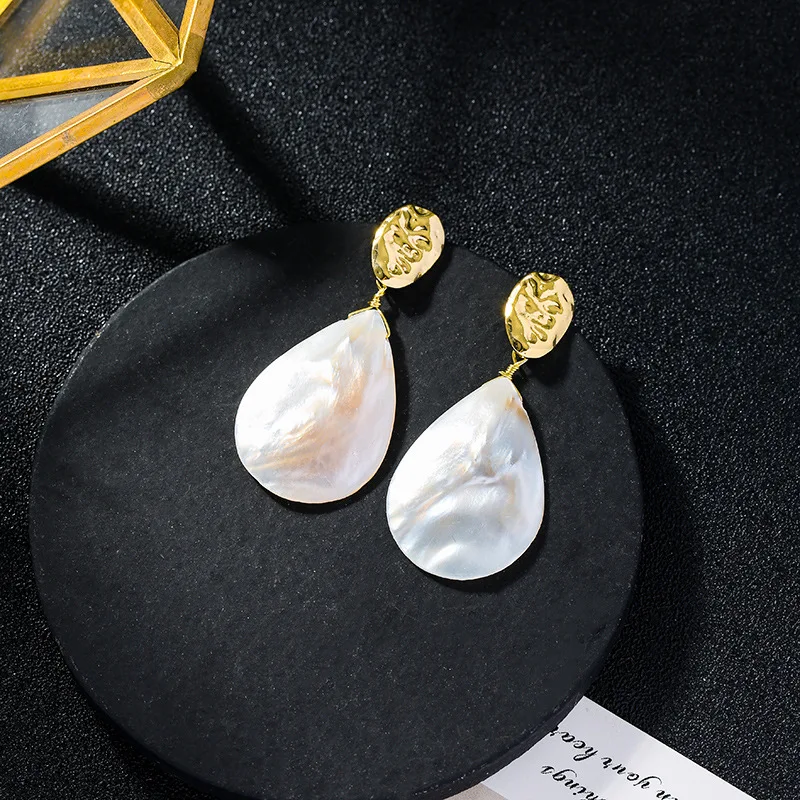 

GU-97 European and American S925 Silver Needle Natural Shell Earrings Water Drop Fritillary Frosty Wind Holiday Big Earrings