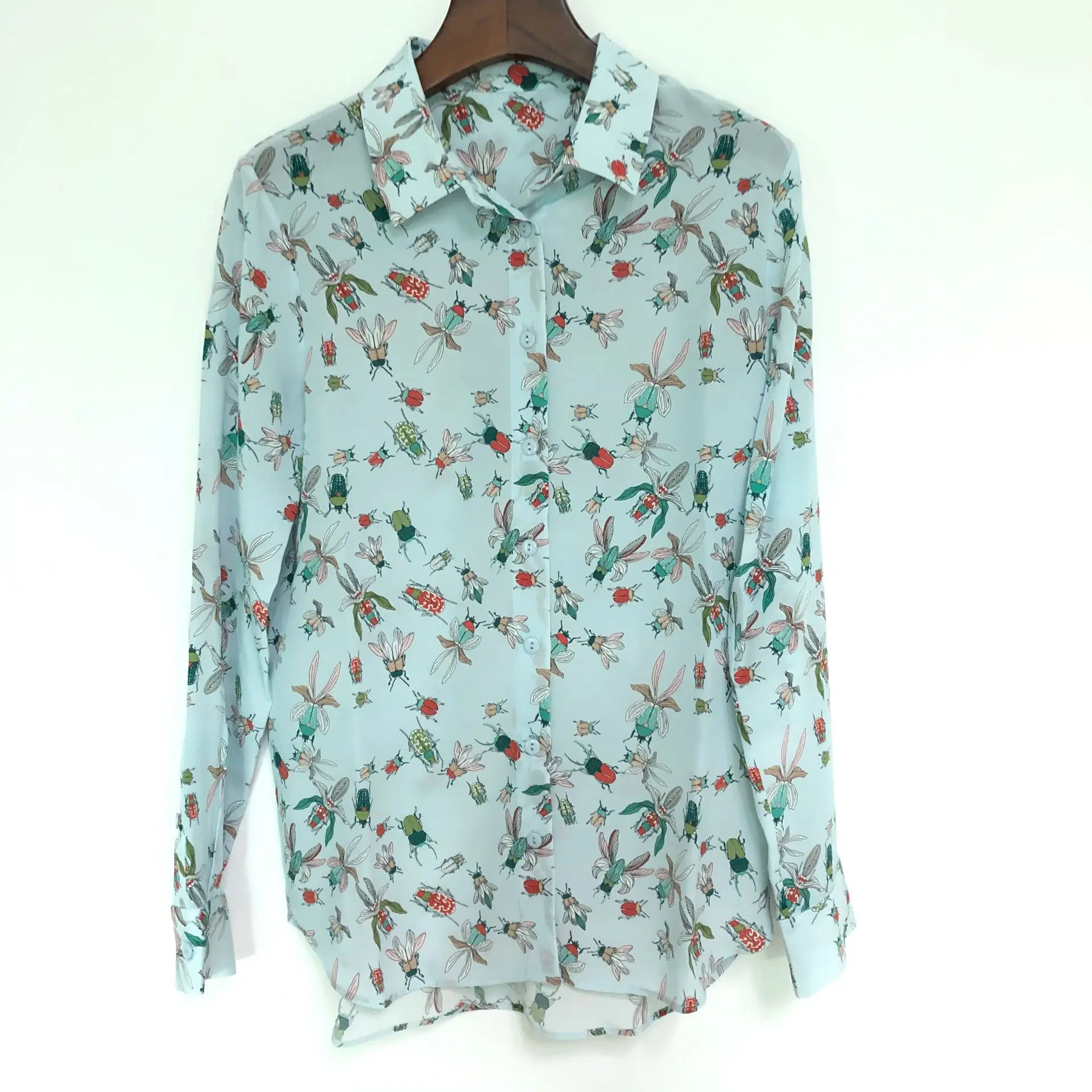 

Women Insect Print 100% Silk Shirt Loose Turn-down Collar Early Autumn Long Sleeve Female Casual Blouse with Buttons