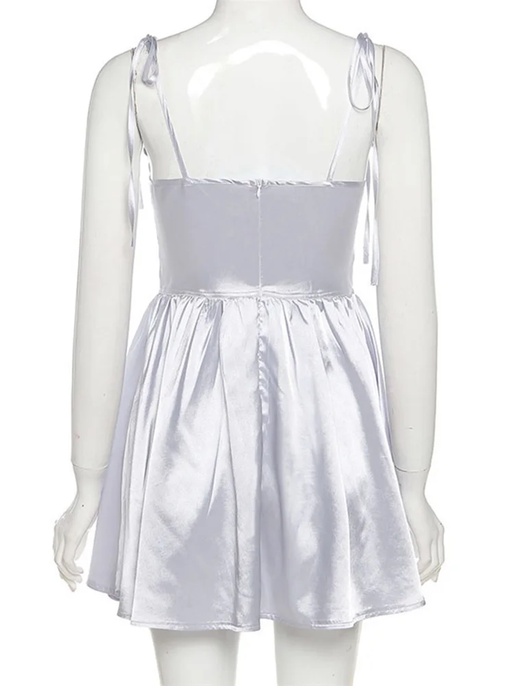 

Summer Satin Women Strap Mini Dress Lace Up Midi Dress Sleeveless Backless Solid Party Female Spaghetti Strap beach Dress Casual