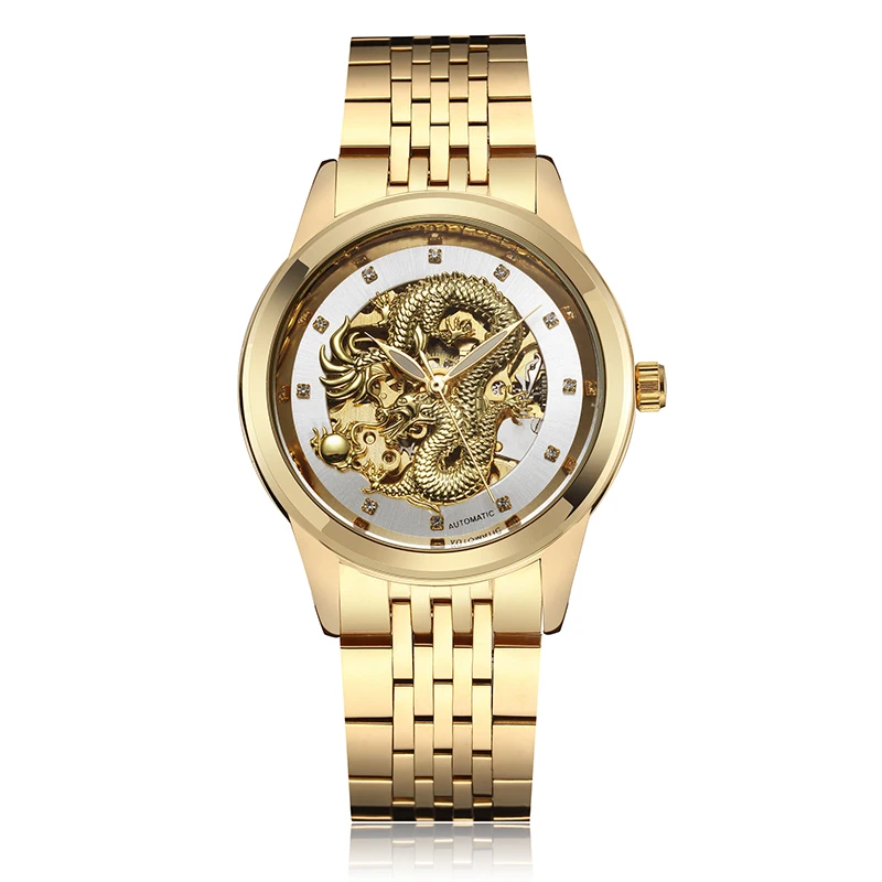 

Golden Dragon Skeleton Golden Mechanical Watch Men Automatic Self-Wind Stainless Steel Watches Wristwatch Male Relogio Masculino