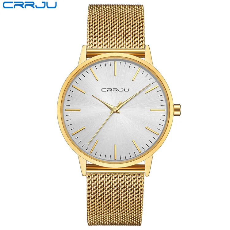 gold white CRRJU кварцевые часы мужские часы мужские сетчатый ремешок из нержавеющей стали ультра тонкие модные часы Мужские лучший бренд класса люкс Relogio Masculino - Цвет: gold white