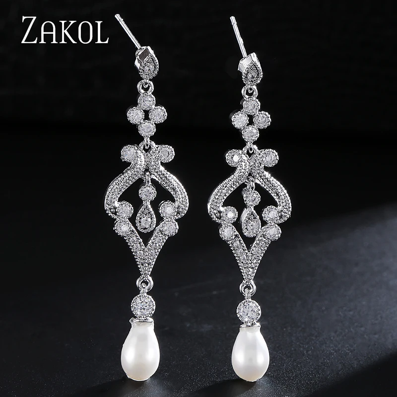 Модный набор ювелирных изделий ZAKOL белого цвета с имитацией жемчуга капли воды