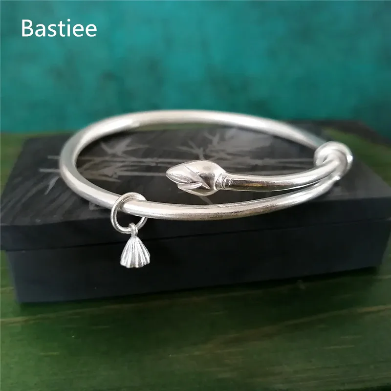 

Bastiee 999 Sterling Silver Bracelet For Women Bangle Dangle Lotus Bud Luxury Jewelry Adjustable Size Hmong Handmade Wife Gift
